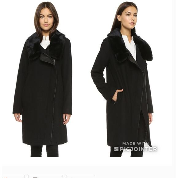 Vince Fur Collar Wool Coat M Black Leather Glam Capsule Minimalist Old Money - Picture 3 of 12